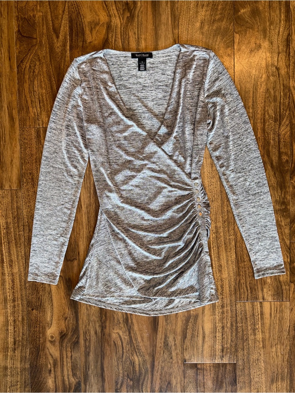 WHBM Heather Gray Ruched Wrap-Style Long Sleeve Top